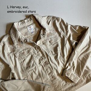 Large Lularoe Harvey jean jacket, peachy-pink, embroidered stars